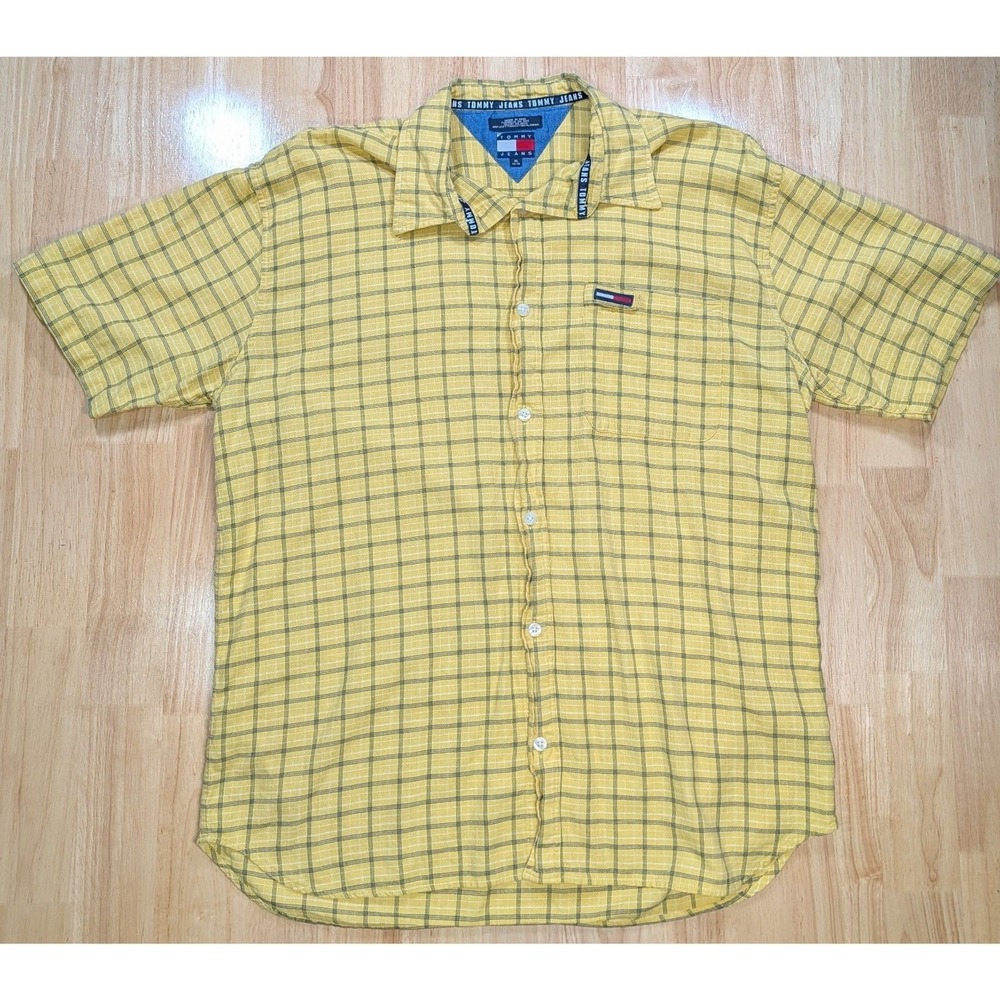 Tommy Jeans Yellow Plaid Short Sleeve Button Down Shirt XL Cotton Casual